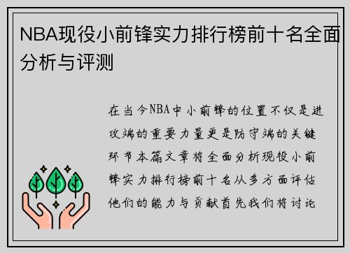 NBA现役小前锋实力排行榜前十名全面分析与评测