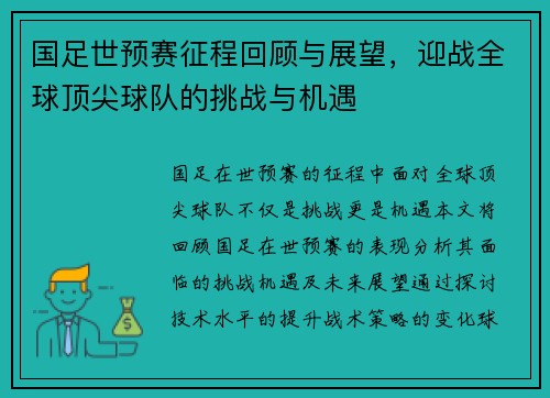 国足世预赛征程回顾与展望，迎战全球顶尖球队的挑战与机遇